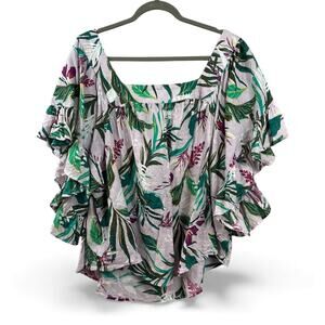 Terra & Sky Tropical Blouse Size 1X Ruffle Sleeve Relaxed Beach Resortwear